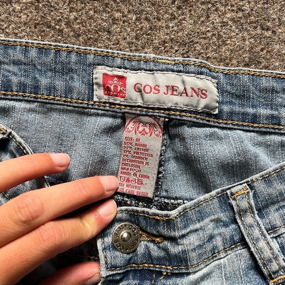 Vintage COS Jeans Blue Light Wash Flared Denim Rhinestone Embroidered Size 10 - Picture 4 of 16